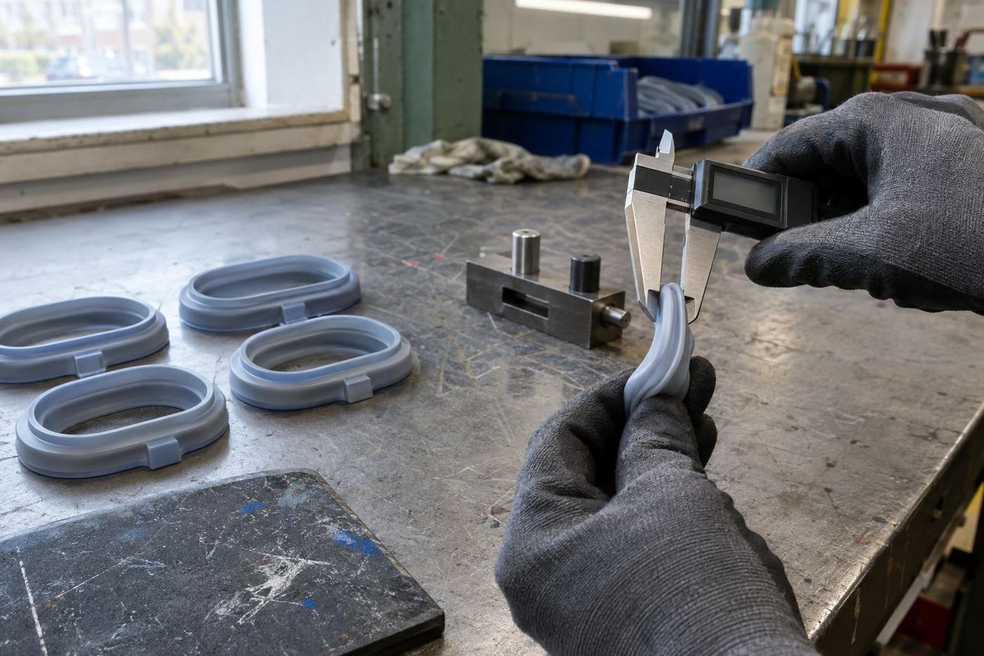Soft silicone gasket being measured with calipers on an inspection bench.