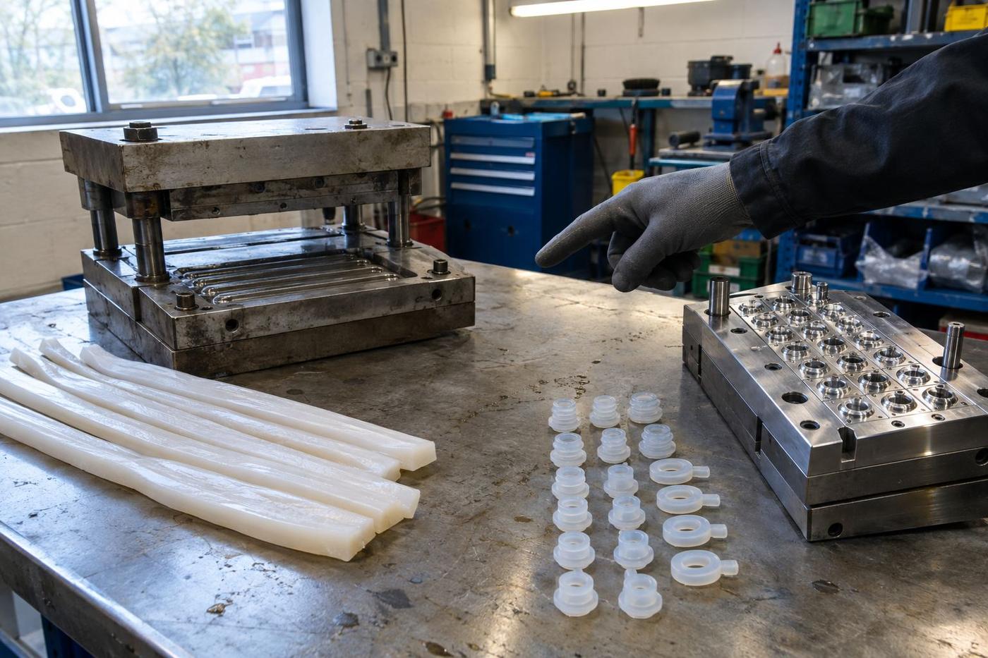HCR compound and LSR moulded parts compared on a workshop bench.