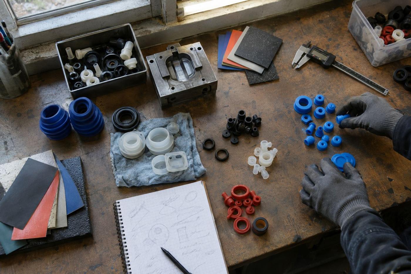 Sample parts and tools sorted on a bench for discussion.