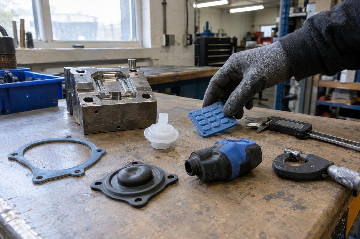 Different silicone component types arranged beside tooling on a bench.