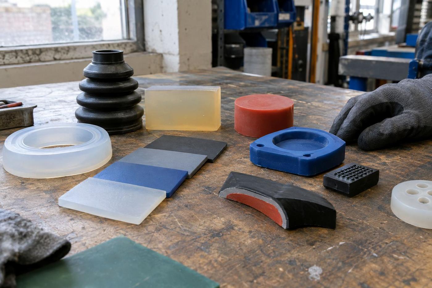 Silicone and rubber material samples in varied colours and finishes.