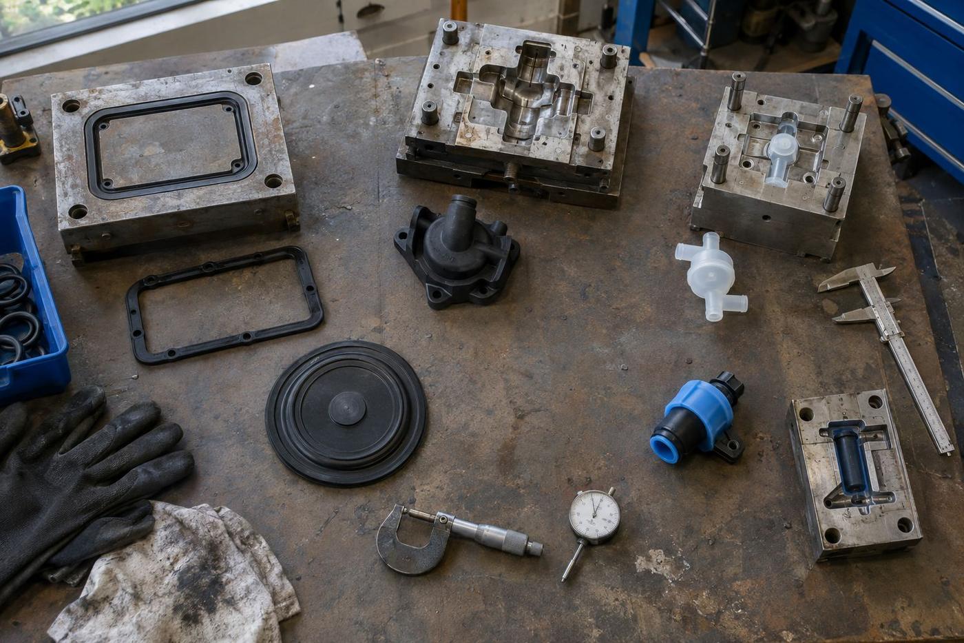 Parts and tooling from several silicone and rubber moulding processes.