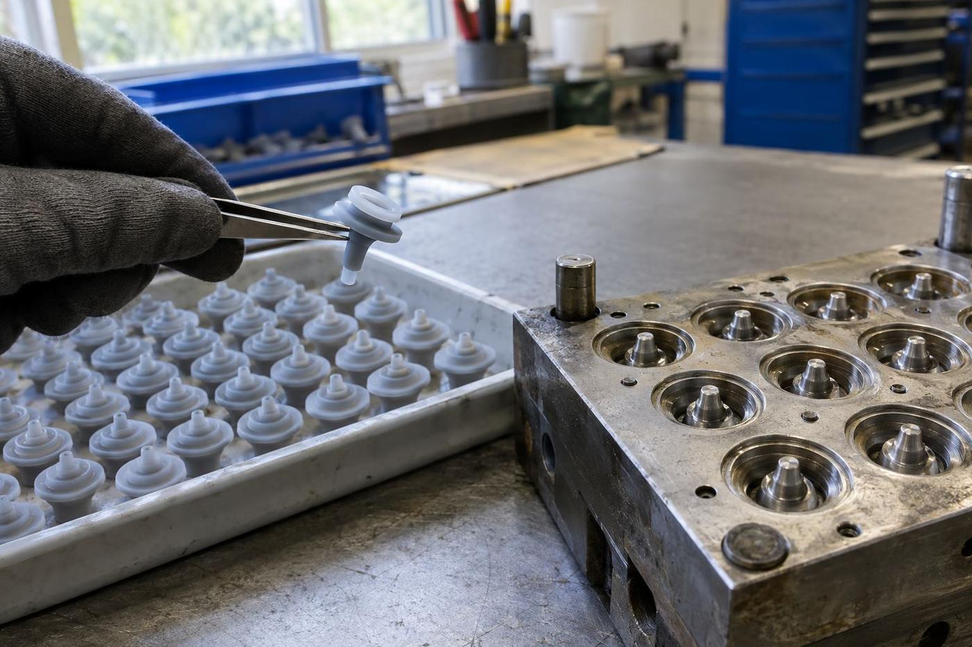Small silicone valves in a tray beside a multi-cavity tool.