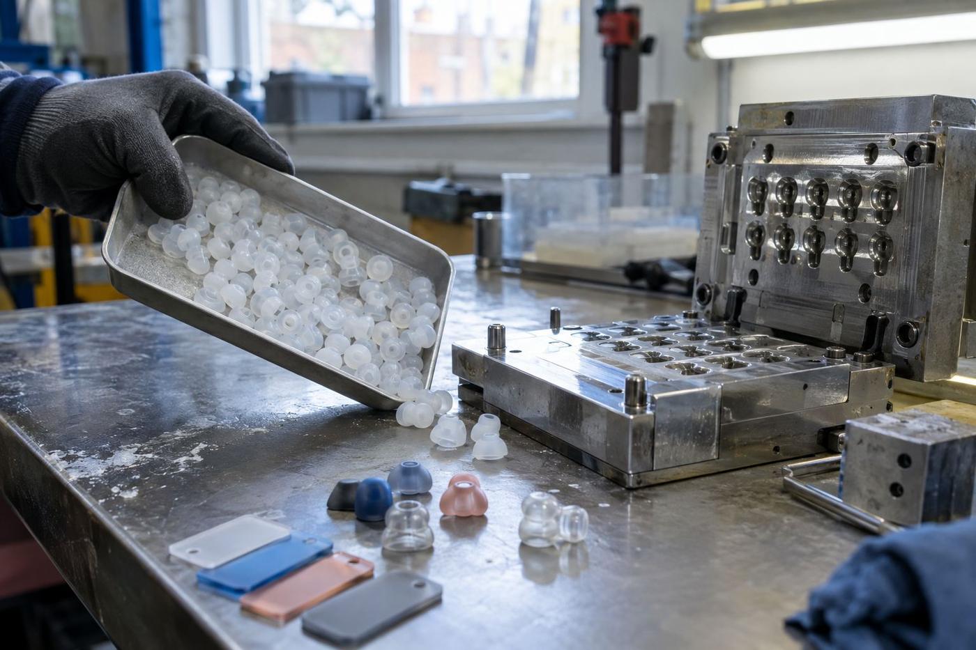 Gloved hand sorting small silicone ear tips beside an opened mould tool