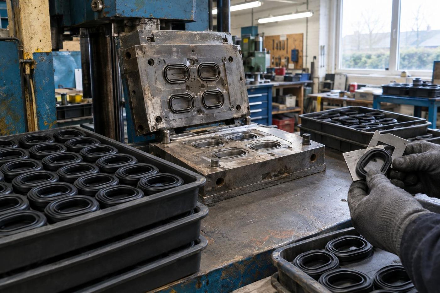 Black rubber seals in trays beside a compression mould tool