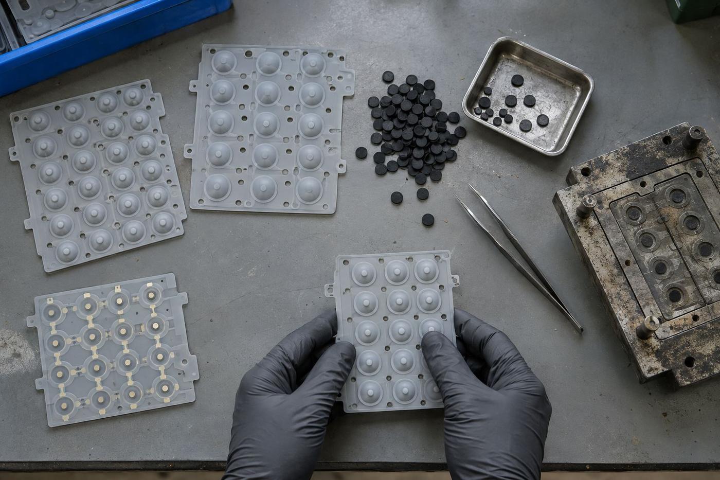 Silicone keypad mats and inspection tools on a workshop bench