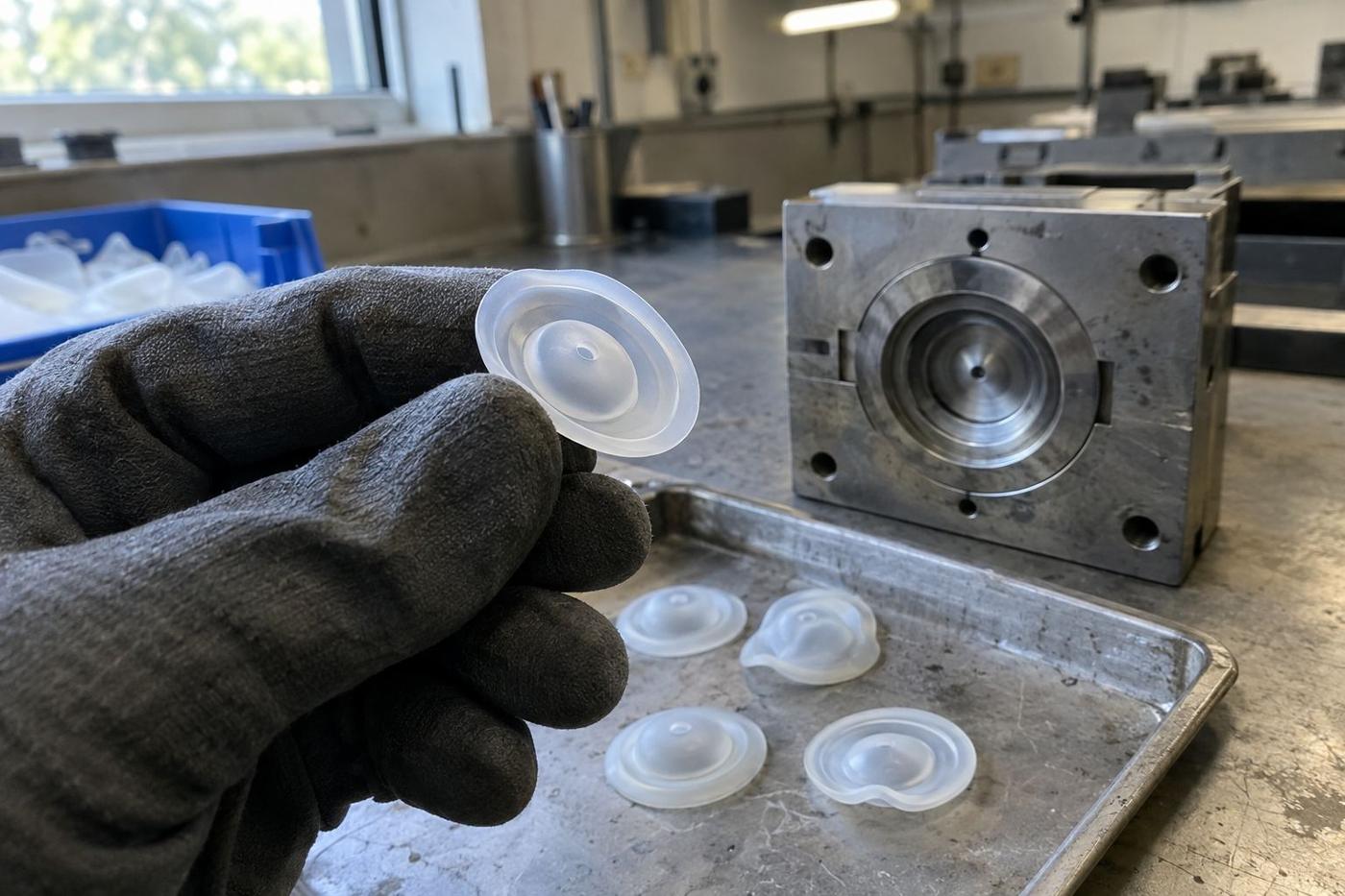 Small silicone diaphragm held in gloved fingers above a parts tray