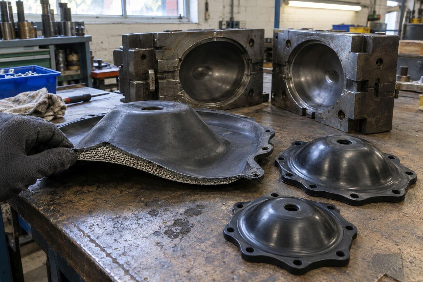 Fabric-reinforced rubber diaphragms beside an open compression mould tool
