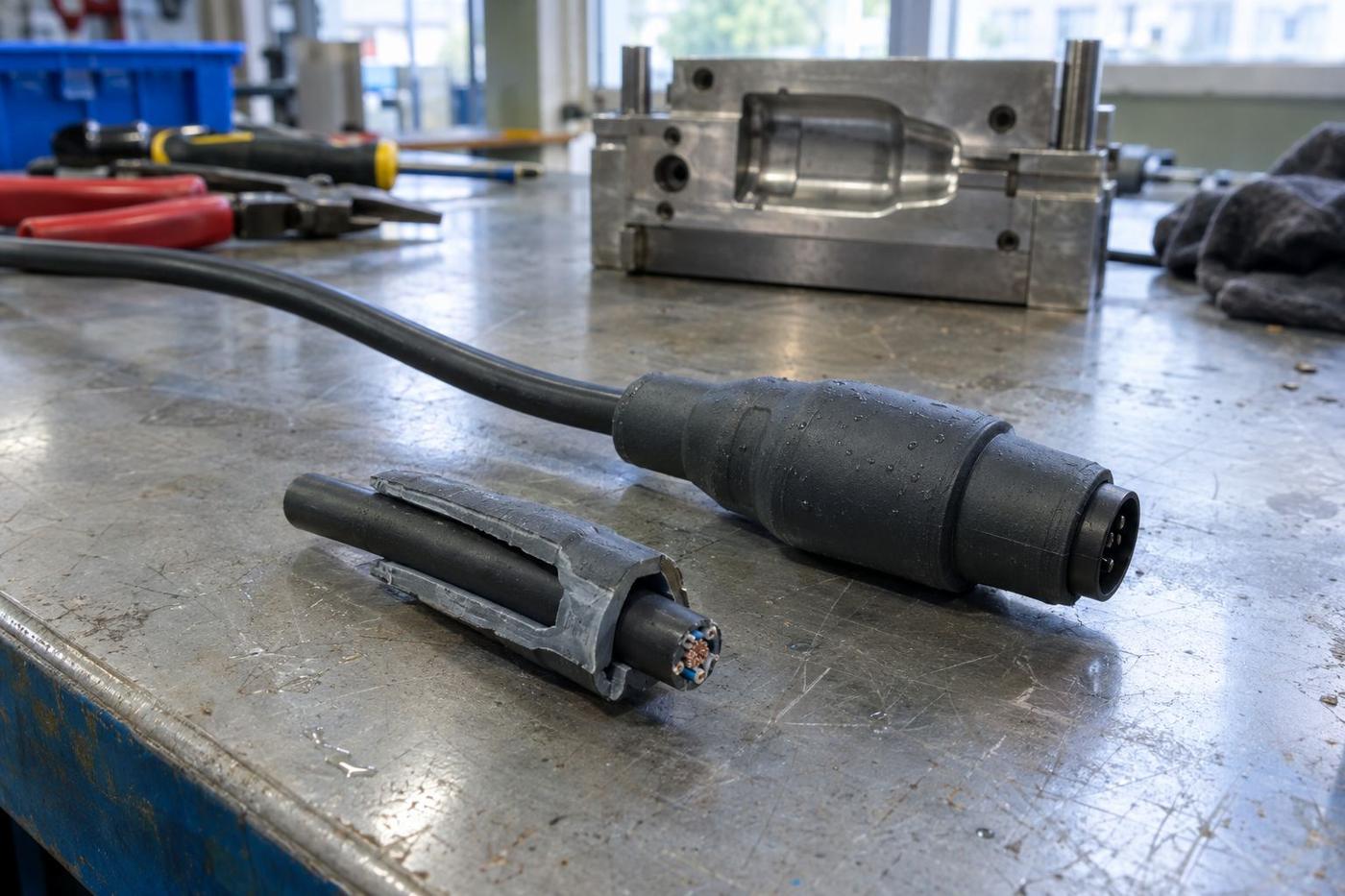 Sealed cable connector overmould with a cut sample on a bench