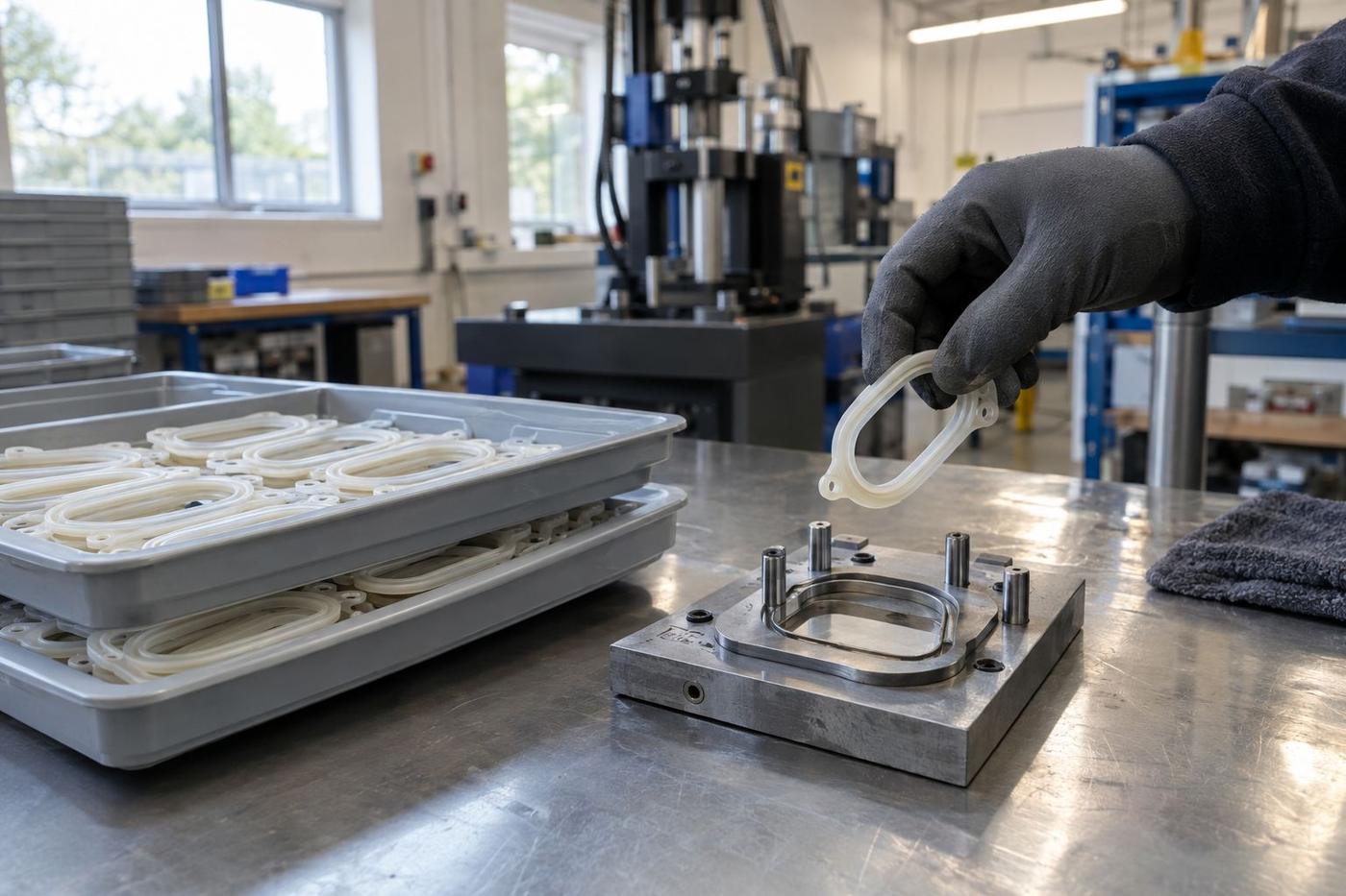 Pale silicone gaskets in trays at an inspection bench