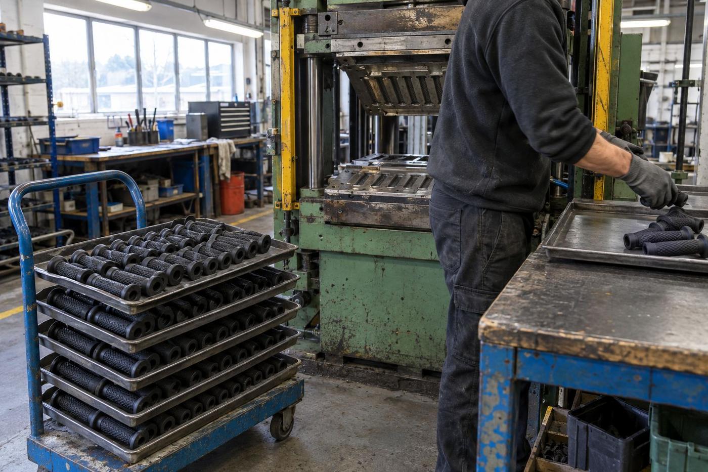 Compression press and trays of textured rubber grips in a workshop