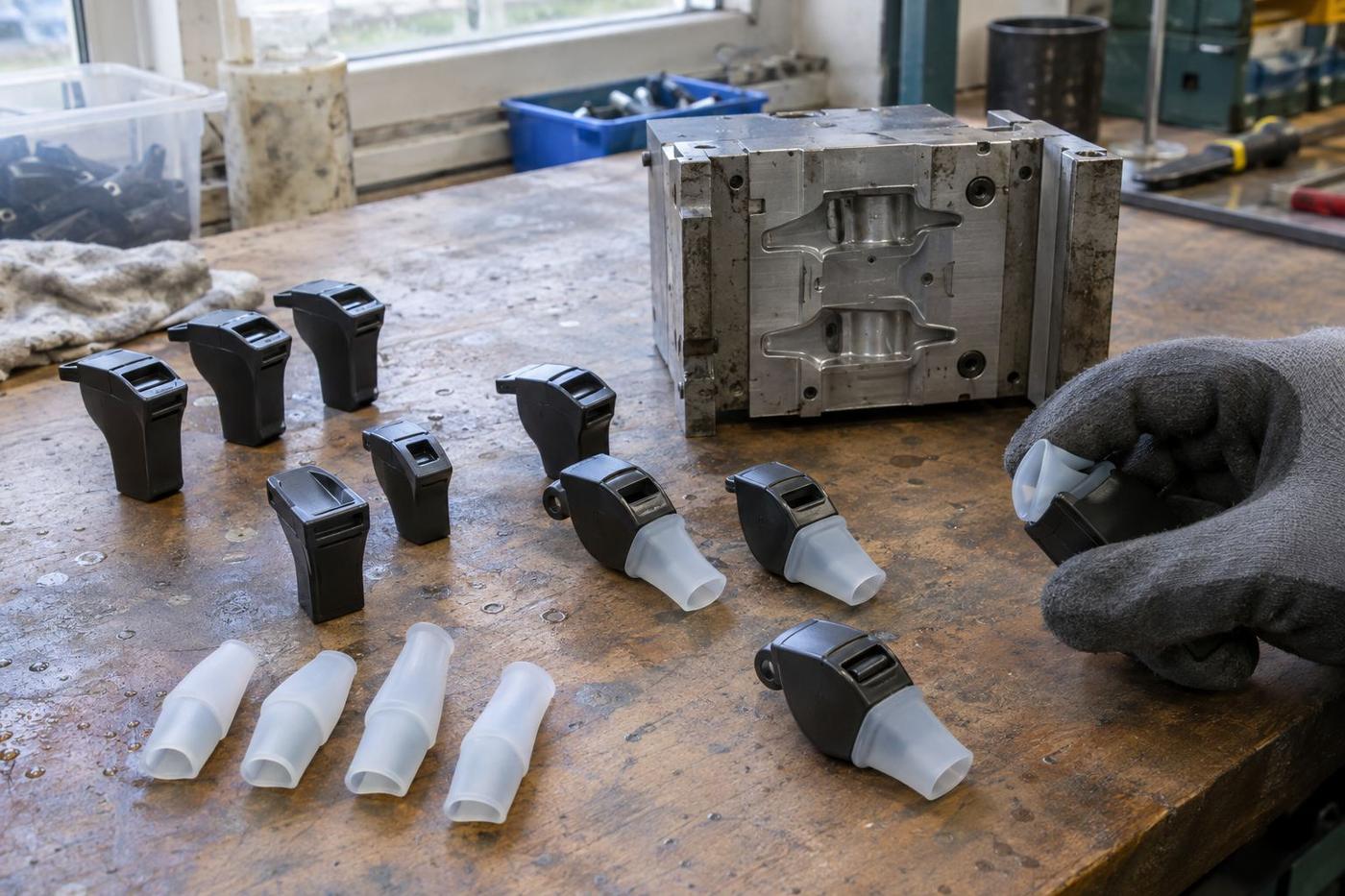 Overmoulded whistle parts with soft silicone mouthpieces on a bench