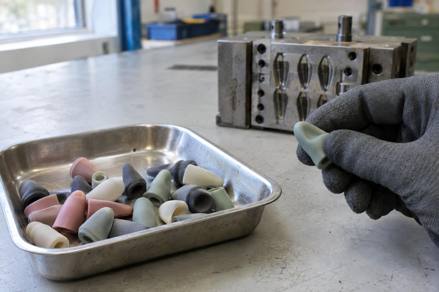 Soft silicone applicator tips in a tray with one held up