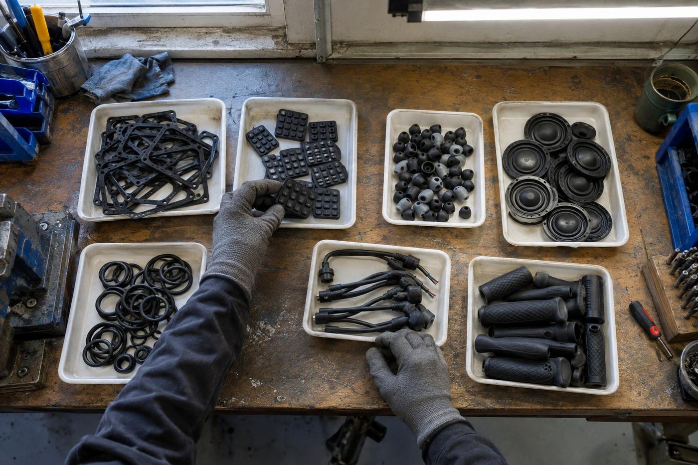 Mixed silicone and rubber parts laid out for workshop review
