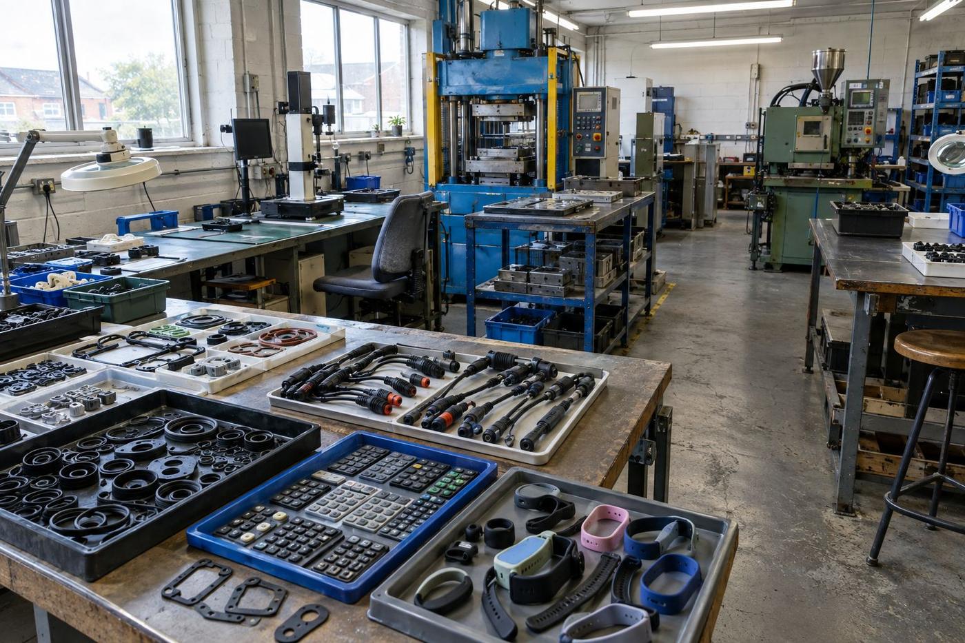 Workshop overview with varied silicone and rubber parts across benches