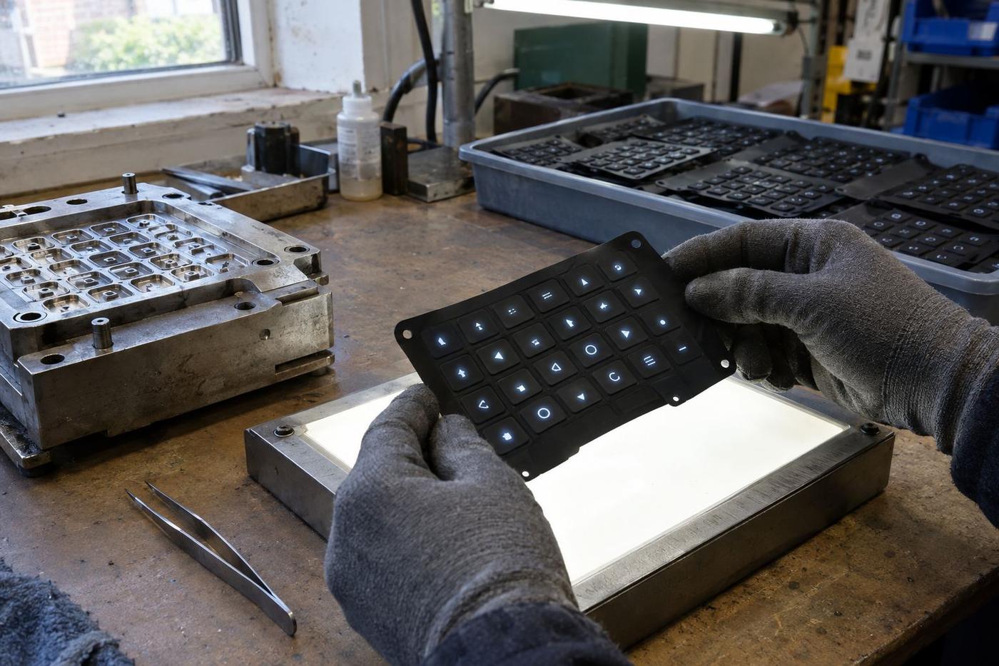 Gloved hands inspect a silicone backlit keypad over a light panel.