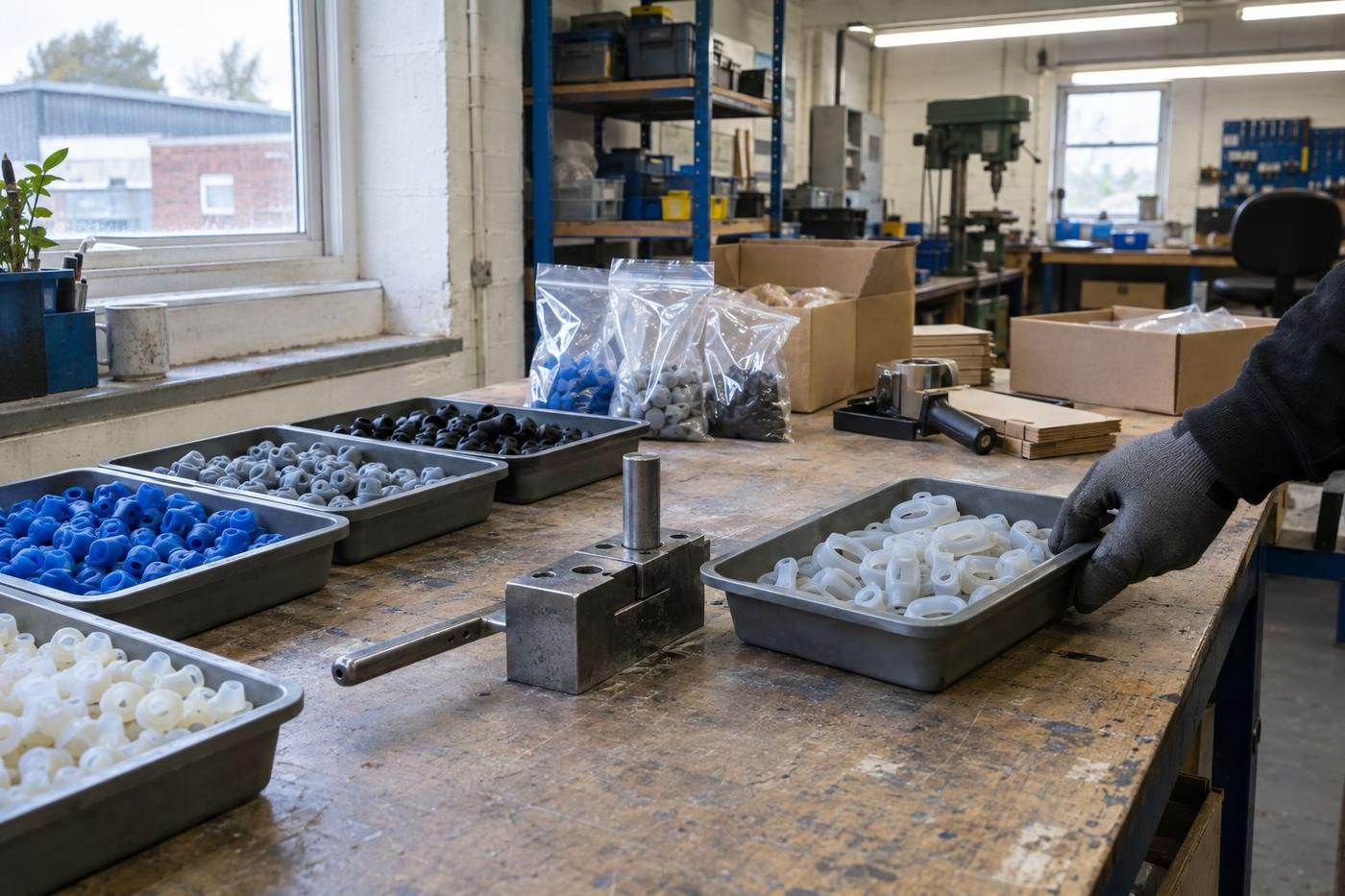 Trays of silicone parts arranged in discrete manufacturing batches on a bench.
