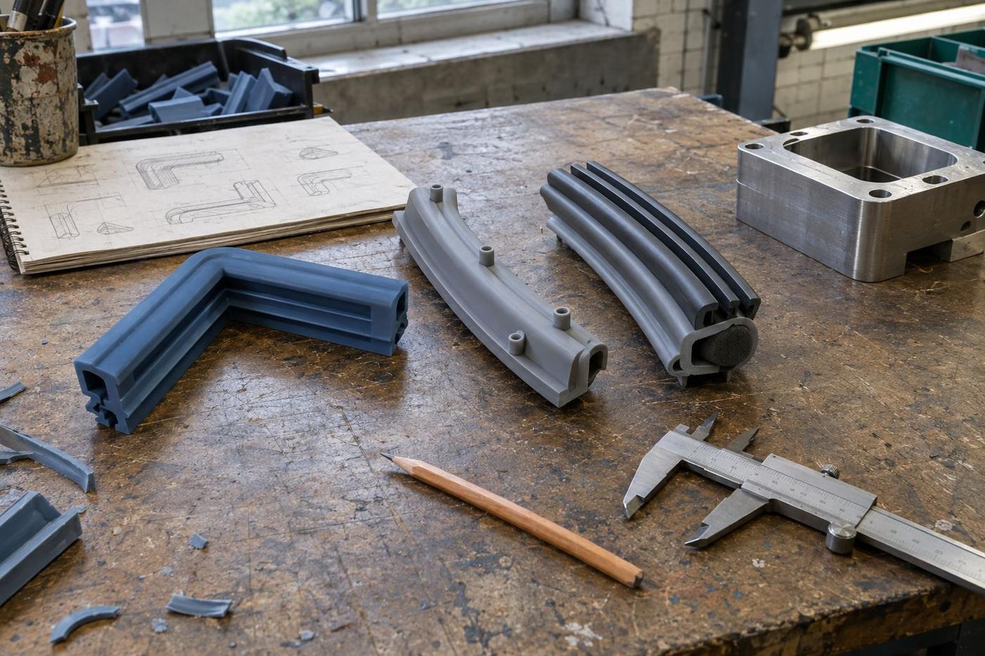 Custom silicone gaskets and seals laid out beside tools and sample parts.