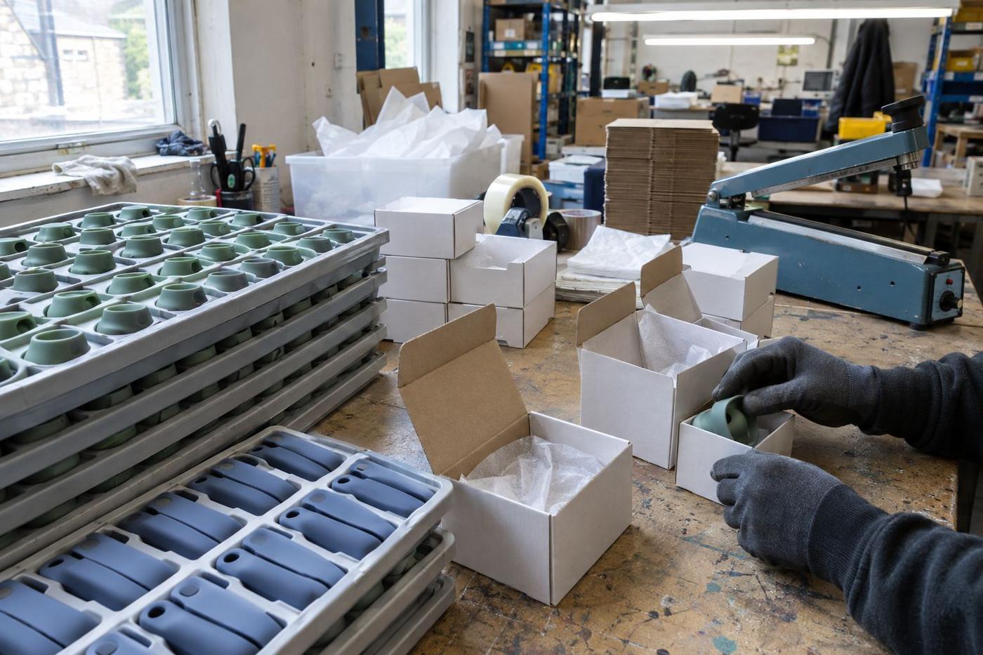 Gloved hands pack finished silicone parts into plain cartons on a bench.