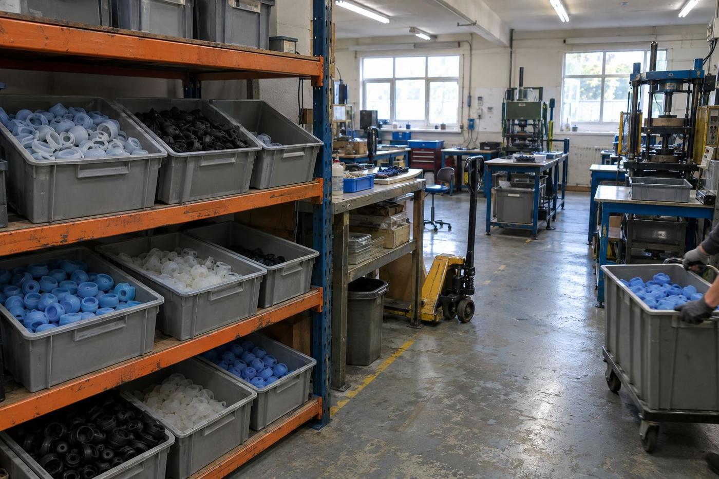 Plain totes of silicone parts stored for staged call-off supply.