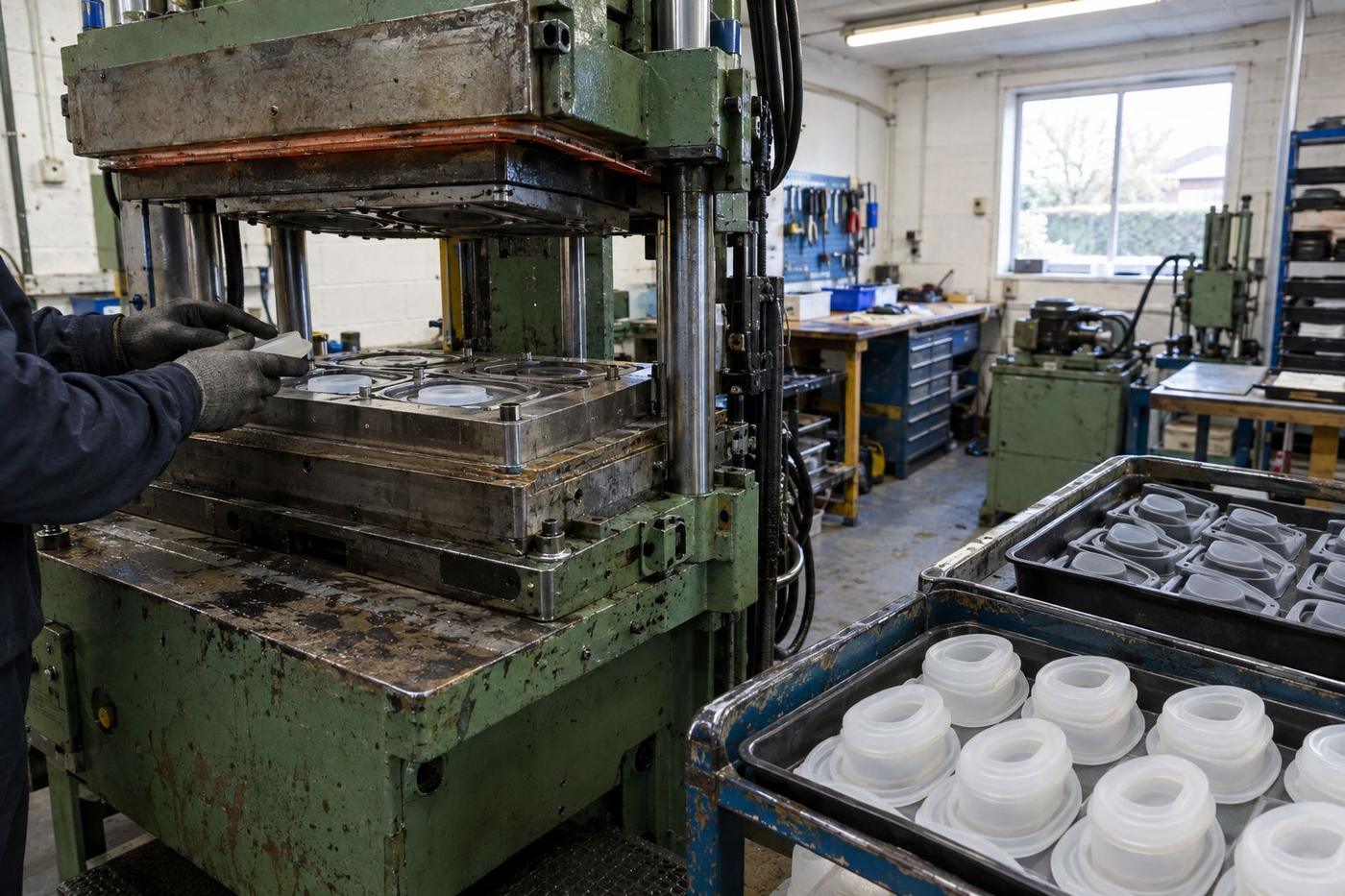 Compression press with steel tool and silicone preforms ready for moulding.