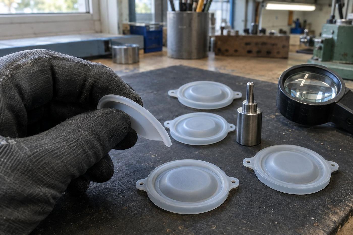 Detail: technician in cleanroom whites inspecting a clear LSR part beside an injection cell.