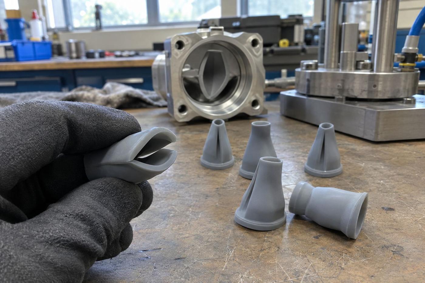 Silicone duckbill valves on a bench with one opened by gloved fingers.