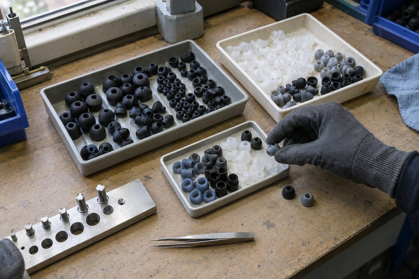 Silicone ear tips and audio sleeves sorted in trays for inspection.