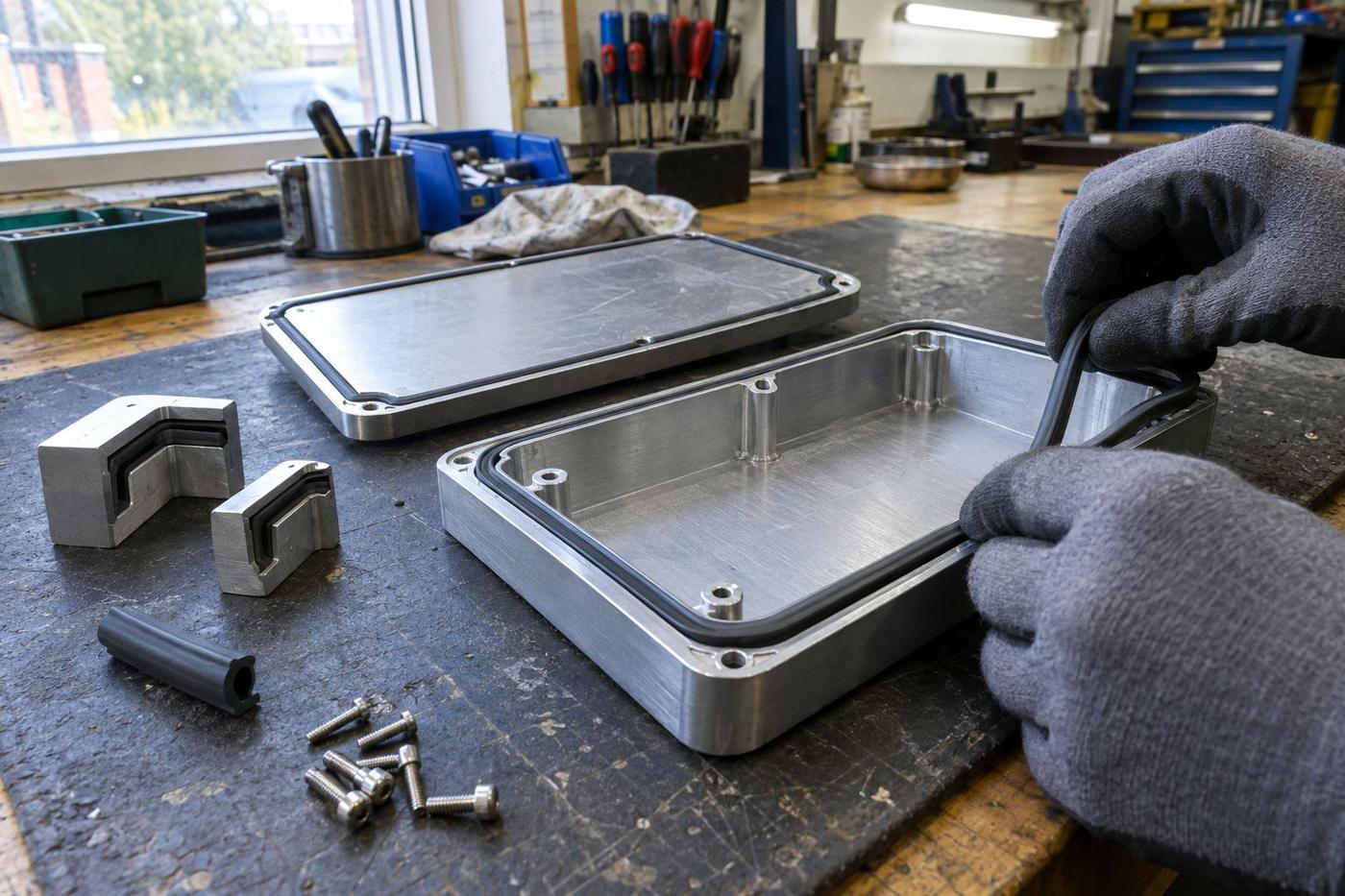 Gloved hands fit a silicone seal into an electronics enclosure groove.