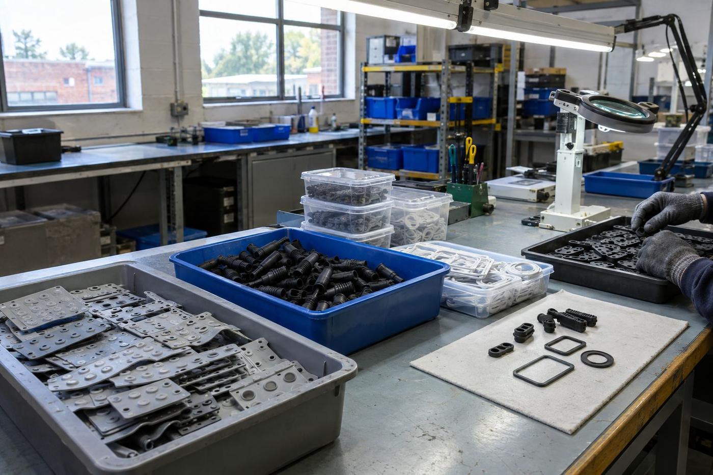 Gloved handling of silicone electronics components on an organised inspection bench.