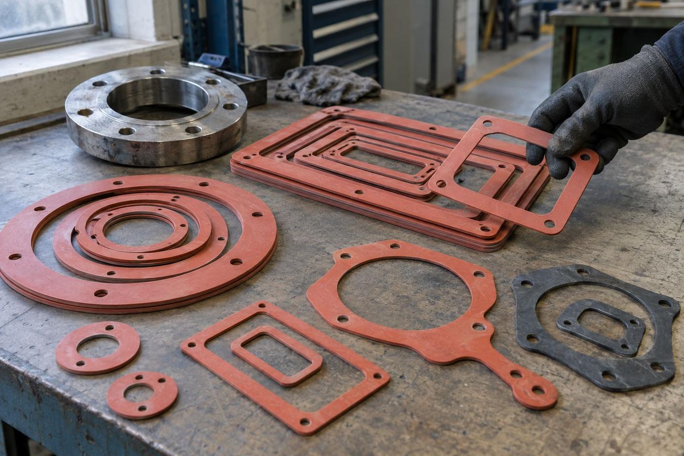 Flat silicone gaskets in various shapes displayed on a worn bench.