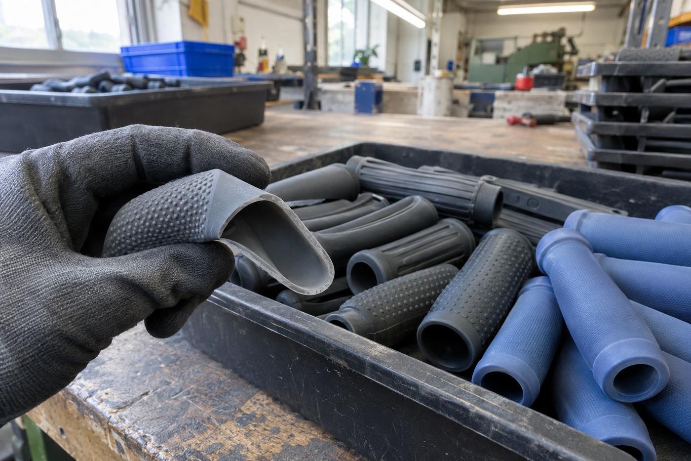 Silicone grips and handle sleeves being flexed on a worn bench.