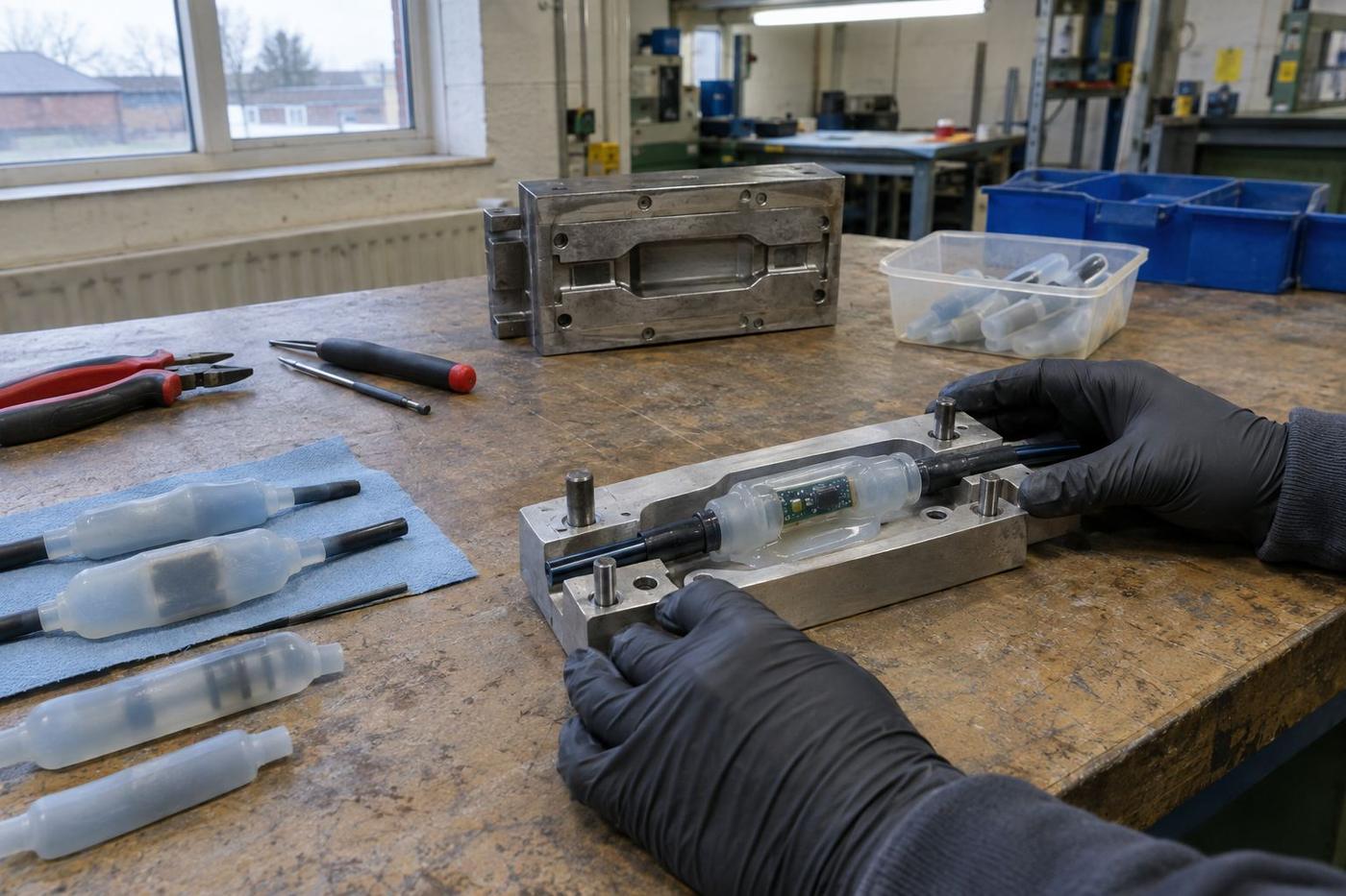 Gloved hands positioning a small electronic assembly for silicone encapsulation.