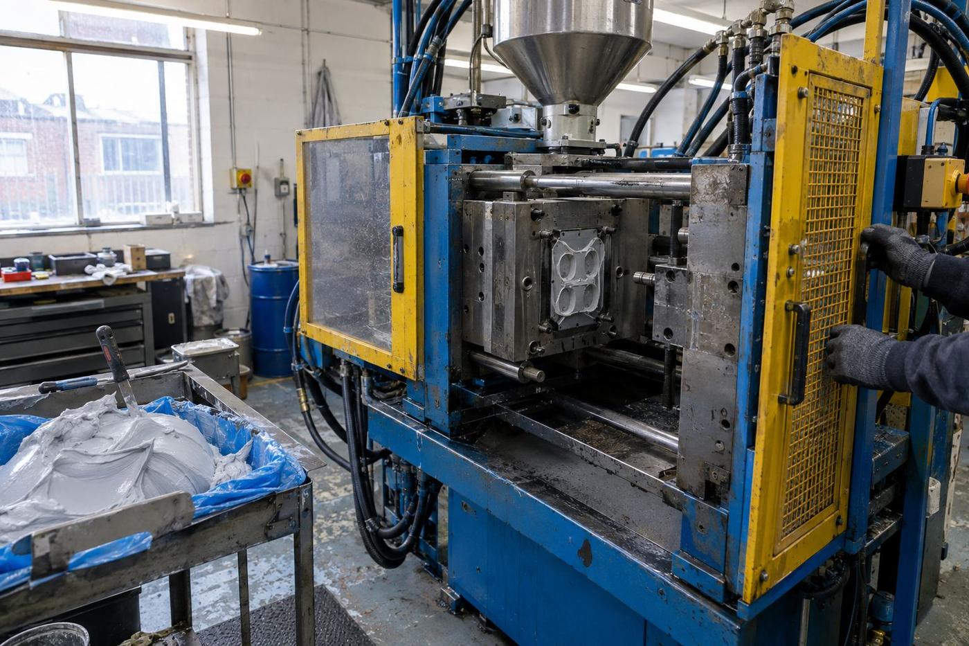 HCR silicone injection press with steel tooling in a small workshop.