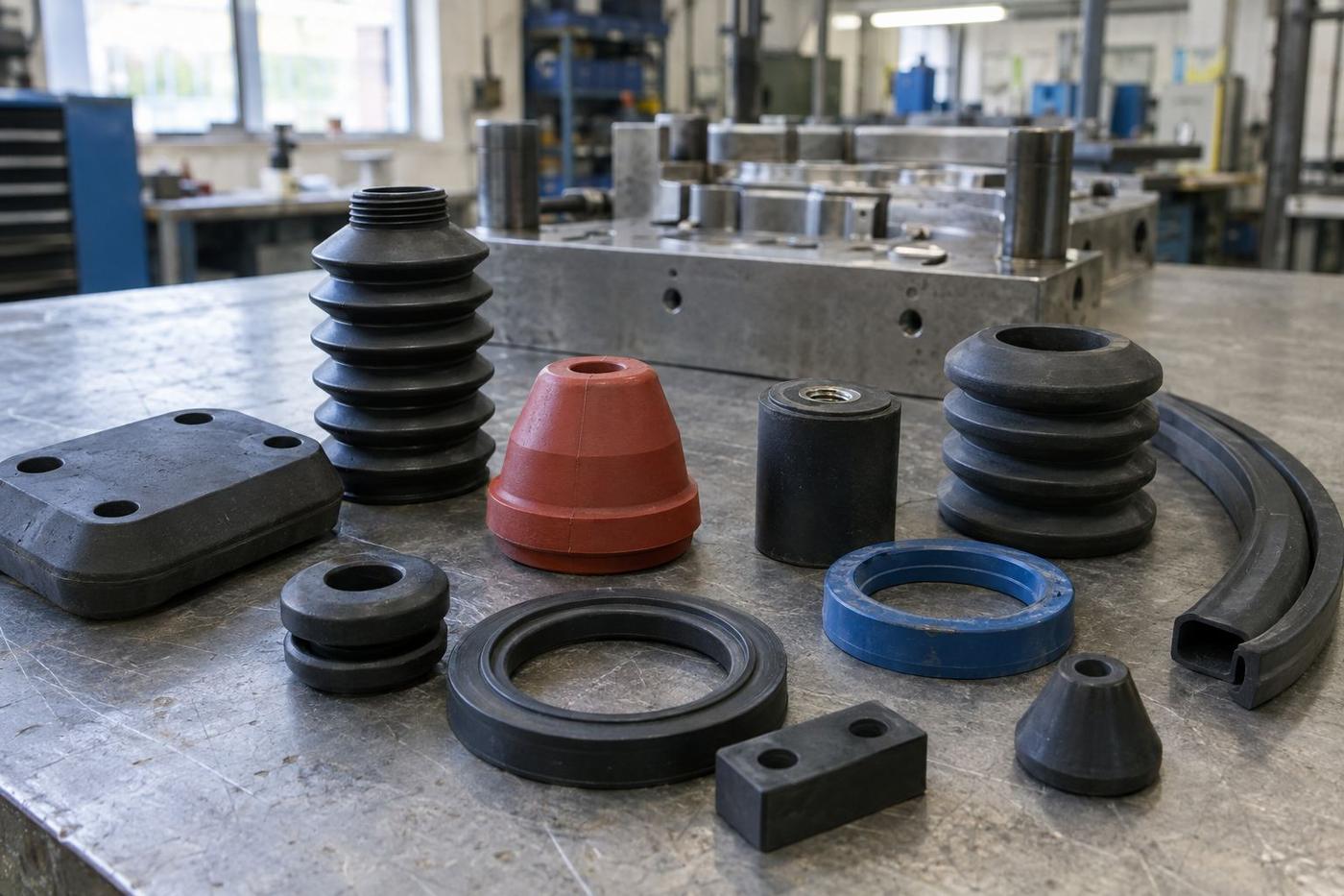 Industrial silicone and rubber pads, bellows and seals on metal.
