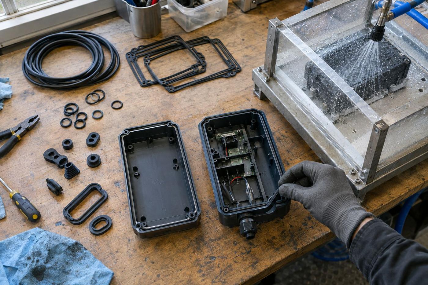 Overhead view of silicone ingress seals with an electronics housing.