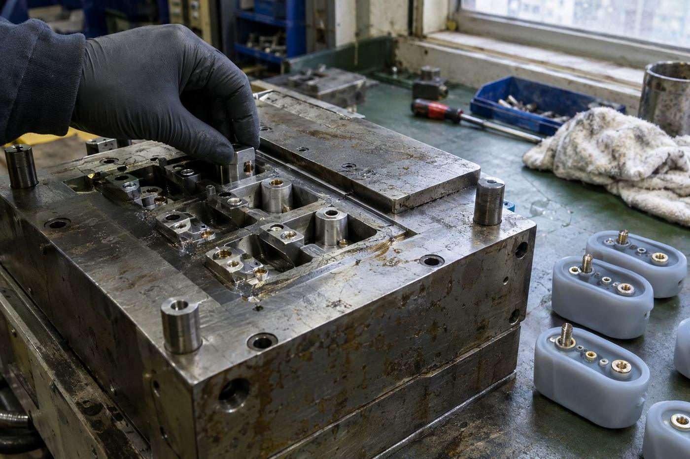 Gloved fingers loading metal inserts into a mould for silicone moulding.