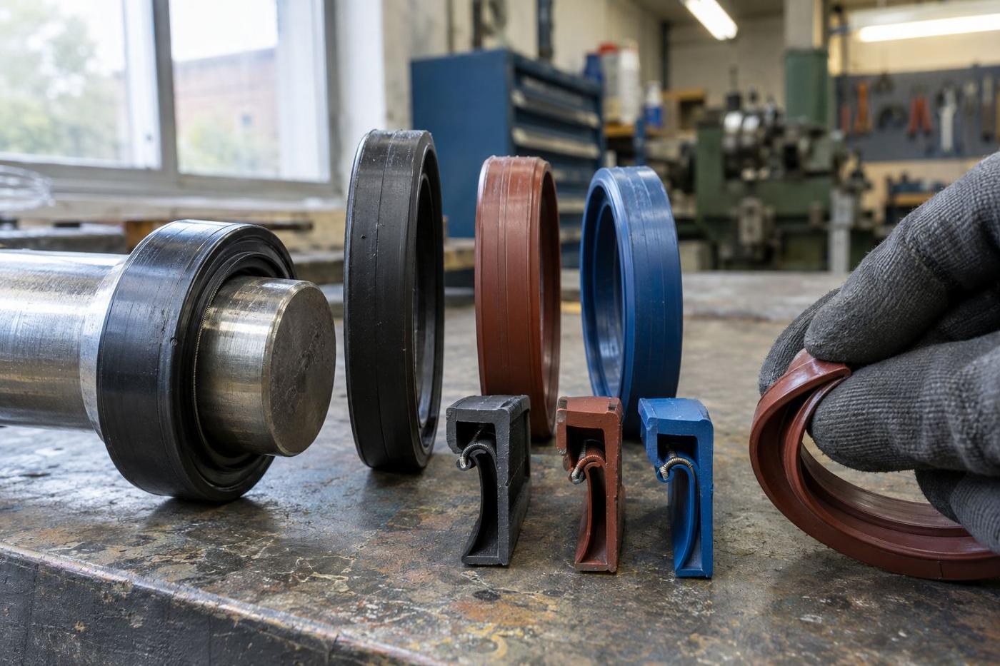 Lip seals in section beside a shaft sample on a bench.