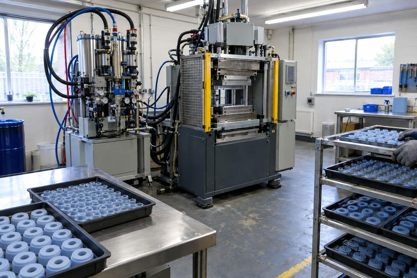 LSR injection press, dosing equipment and trays of moulded silicone parts.