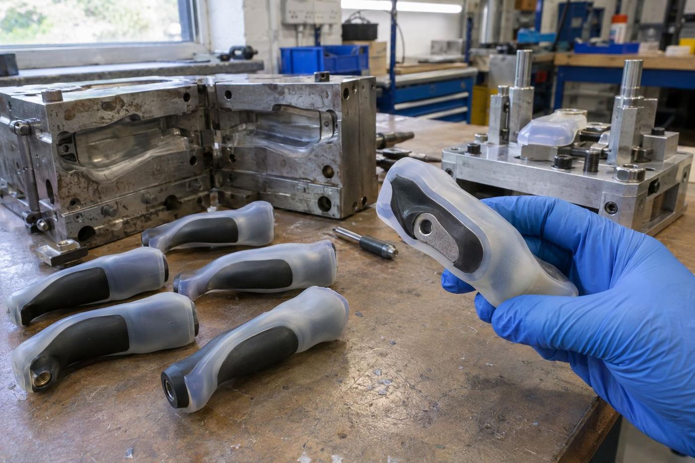 Overmoulded rigid parts with soft silicone sections held in a gloved hand.