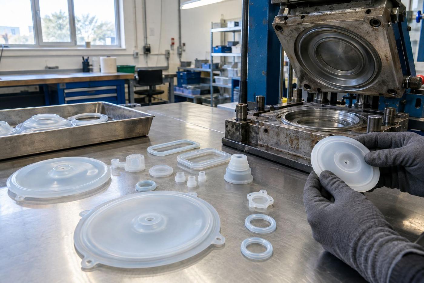 Medical-grade silicone parts and an open compression mould on stainless steel.