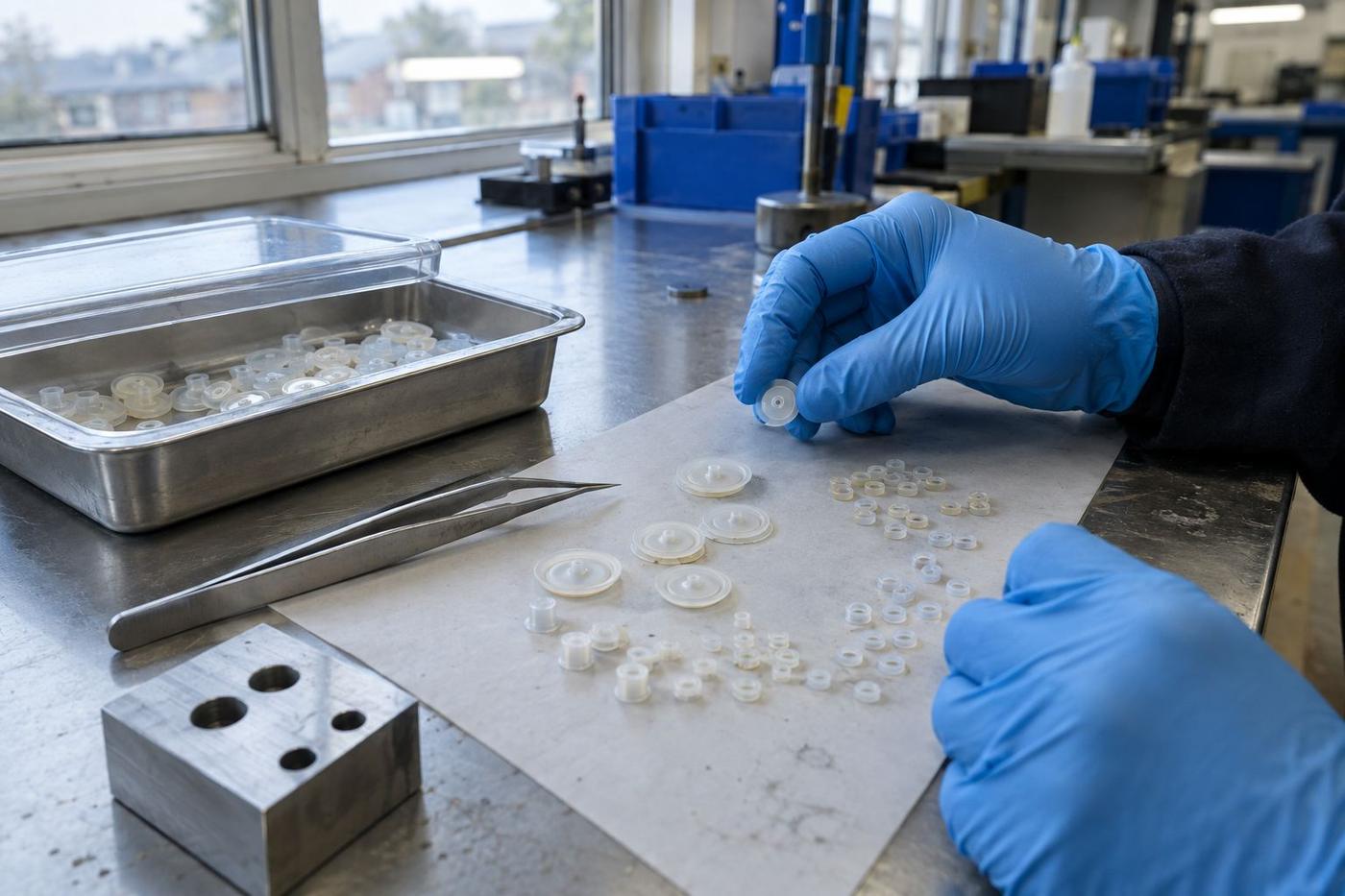 Gloved hands inspecting small silicone seals on a workshop bench