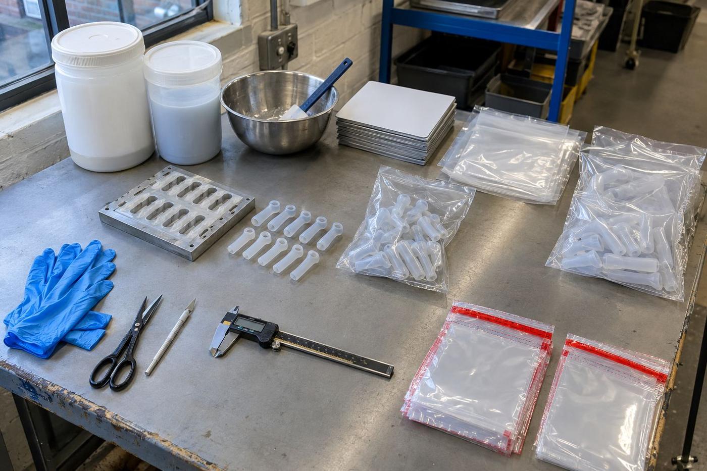 Overhead view of bagged silicone parts and controlled workshop paperwork