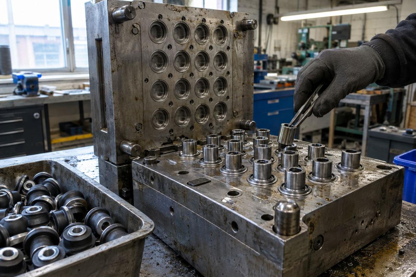 Gloved hand placing metal inserts into a mould tool