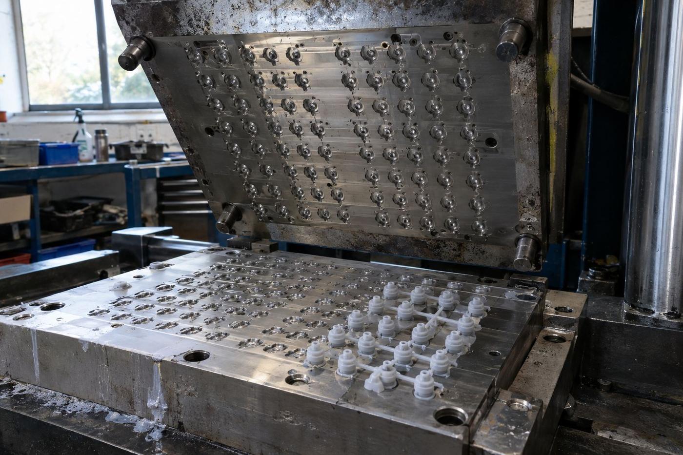 Open mould tool showing many cavities for silicone injection parts