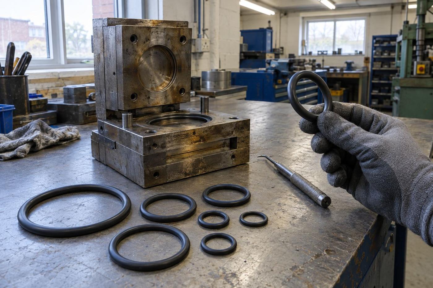 Custom silicone O-rings beside a compression mould on a bench