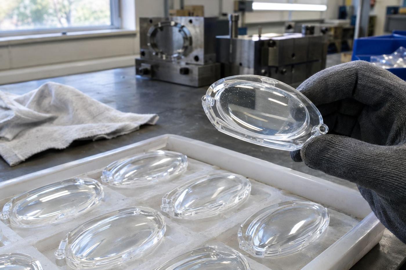 Gloved hand examining clear silicone components in a clean tray