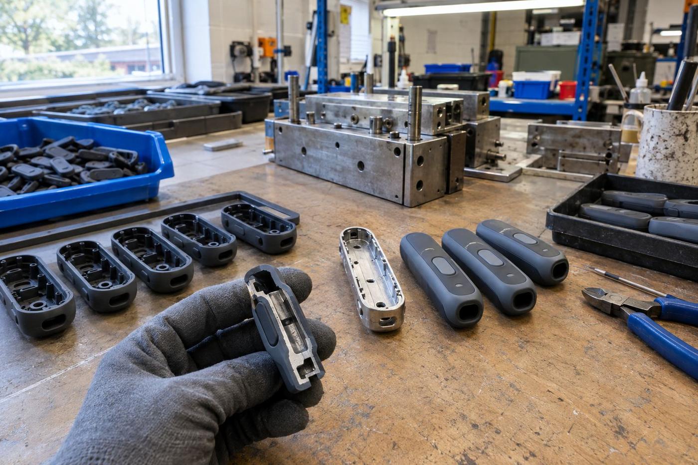 Overmoulded silicone bonded onto plastic and metal parts on a bench
