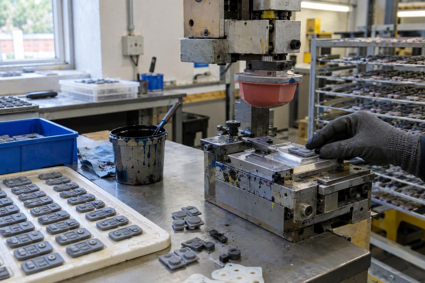Detail: tray of moulded O-rings, gaskets and profile seals on a stainless inspection bench.