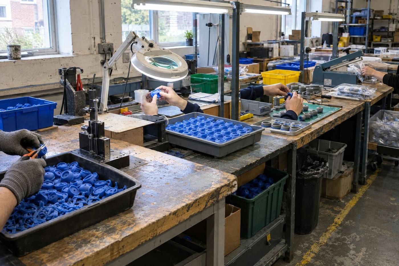 Wide workshop view of trimming, inspection and packing silicone parts